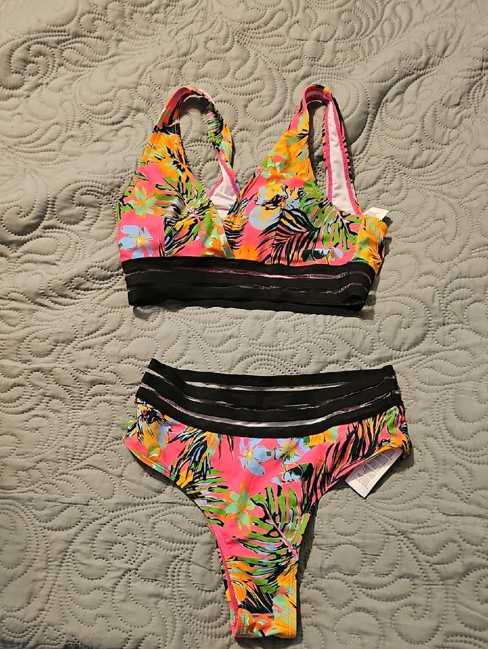 KAMONI -Tropical Floral Bikini Set - Neon Pink & Multicolor